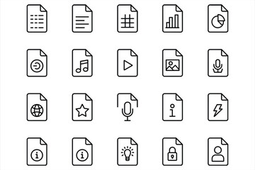 Collection of document file type icons in black outline on a white background vector illustration
