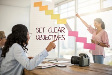 Business team collaboratively setting clear objectives with a visual progress chart in a bright office environment, inspiring future achievements.