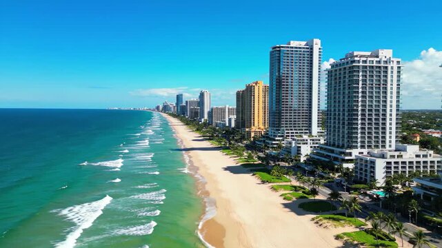 Aerial view of a sunny beach coastline with turquoise ocean waves and highrise buildings along the shore, 4k