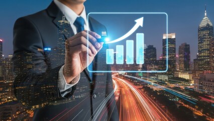 Entrepreneur draws buildings and upward arrows to Interact with Digital Growth Chart in City Landscape