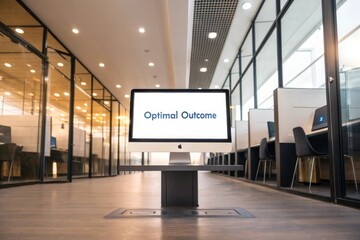 Desktop computer displaying the words Optimal Outcome in a modern office setting, representing successful business results and strategic planning.