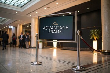Digital screen displaying 'ADVANTAGE FRAME' in a modern business lobby with people in the background