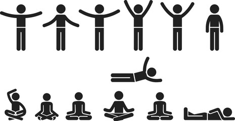 Stick figure poses for yoga and exercise on white background Keywords: stick figure, yoga poses, exercise, meditation