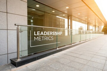 Glass Display Signage "LEADERSHIP METRICS" Outside Modern Business Building Facade