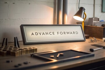 Illuminated ADVANCE FORWARD sign on a desk with a modern desk lamp, evoking progress and motivation