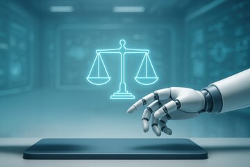 Artificial Intelligence and Justice: A robotic hand interacts with a digital scale of justice, signifying the intersection of technology and the pursuit of fairness.