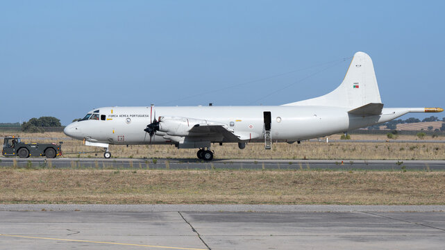 Beja, Portugal - 18 June 23: Military P-3 Aircraft on Runway with Towing Vehicle