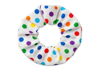 A colorful white scrunchie with multicolored polka dots on a transparent background