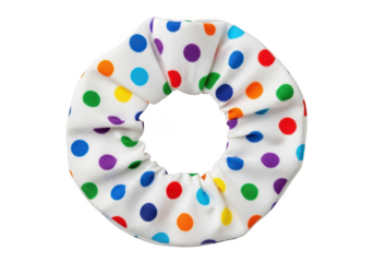 A colorful white scrunchie with multicolored polka dots on a transparent background