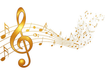 A golden treble clef and musical notes flowing on a black background on transparent background