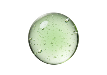 A green gel or serum with bubbles on a transparent background