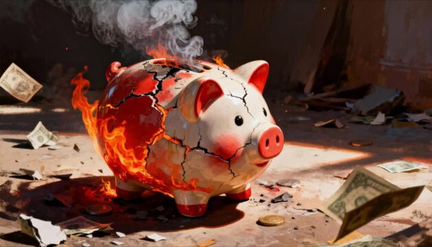 flaming piggy bank representing financial crisis debt and investment downfall perfect for financial wellness month
