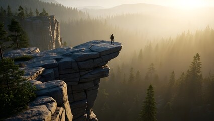 Serene mountain landscape with a lone figure on a cliff overlooking a misty forest at sunrise