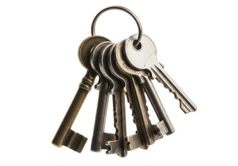 A set of old metal keys on a keyring against a black background on transparent background