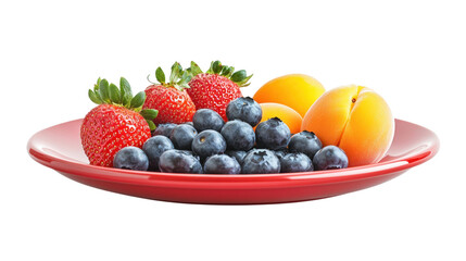A red plate with strawberries, blueberries, and oranges, isolated on a transparent background