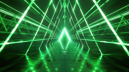 Geometric Cyber Tunnel : A futuristic tunnel illuminated by neon green lines, forming a mesmerizing, symmetrical pattern that suggests a journey into a digital realm.