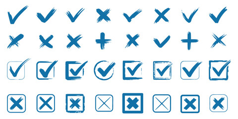 Check Tick Mark Icon Set vector illustration showing cross box, X mark, checkbox, V list, hand drawn sketch, doodle, brush marker, checklist symbols, wrong and right circles. © MDSHAMIM