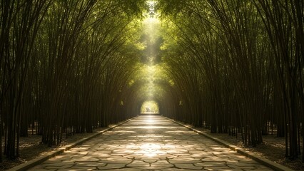 Serene forest pathway illuminated by sunlight filtering through dense foliage