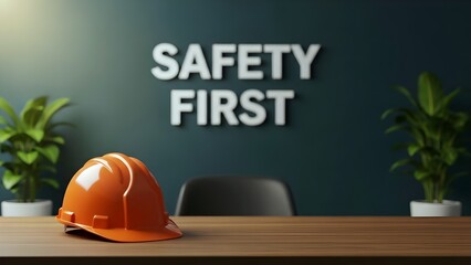 construction helmet on a wooden background, Orange safety helmet with prominent Safety First text emphasizes workplace protection. Visual concept promotes construction planning, risk management, indus