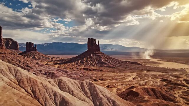 Dramatic landscape of monument valley with mittens butte under a cloudy sky and sun rays, 4k