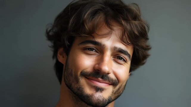 Cheerful brunette man smiling in a side view portrait against a simple gray background during a bright indoor setting