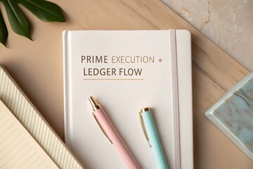 Premium Pastel Notebook Displaying Prime Execution Ledger Flow with Pens