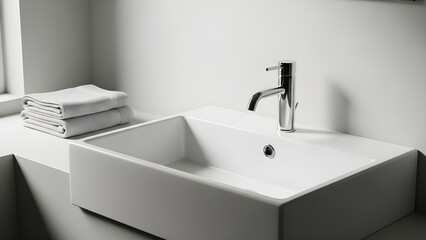 Minimalist White Bathroom Sink and Faucet with Folded Towels
