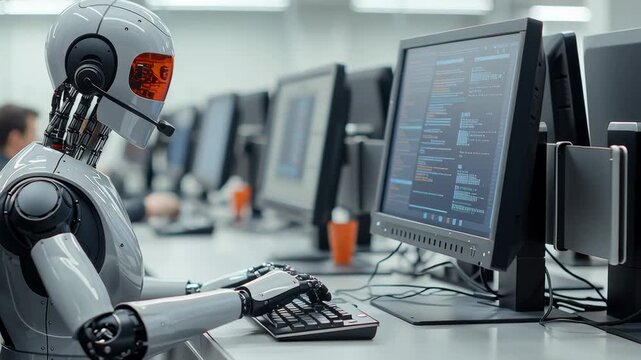 A humanoid robot using a computer in an office setting.