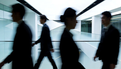 blurred figures of business professionals walking in a modern hallway suggesting movement and anonymity in an urban environment high quality professional