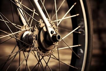 Obraz premium Detailed view of bicycle rear wheel hub, spokes, and tire, showcasing the intricate mechanics of the bike
