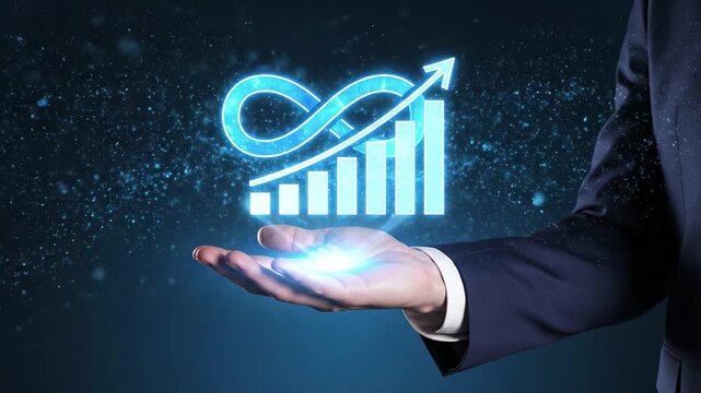 Business growth and continuous improvement concept with infinity symbol and bar chart hologram, 4k