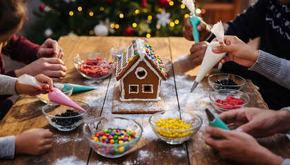 Family Decorating a Gingerbread House Together During the Holidays.