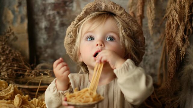 Charming baby boy enjoying a plate of spaghetti in a rustic setting surrounded by dried flowers and natural elements