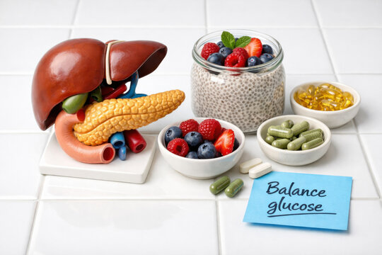 Concept for glucose balance with an anatomical liver and pancreas model. Healthy food, berry pudding, and herbal supplements on white surface promoting diabetes management