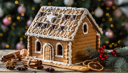 Festive Gingerbread House Decoration with Christmas Tree and Ornaments.