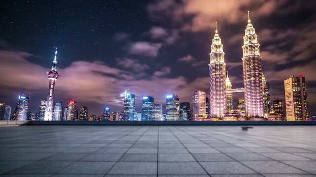 Kuala lumpur skyline at night featuring petronas towers and kl tower from rooftop, 4k