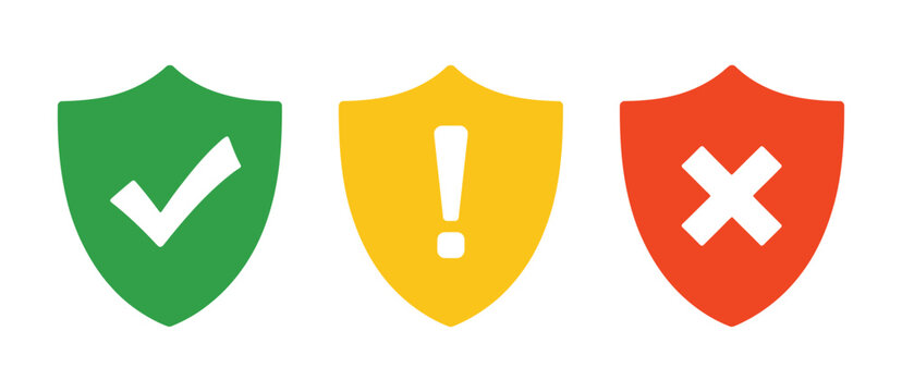 Shield Icons featuring check marks, exclamation marks, X marks, status symbols for success, warning, failure, protection, security, and vector illustration for digital design.