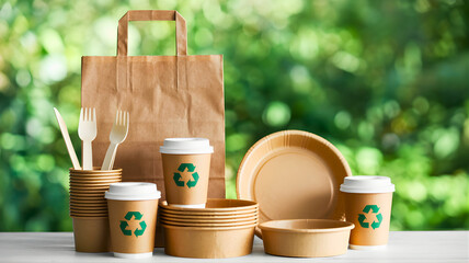 Eco-friendly disposable tableware and bags made from recycled materials with green recycling symbol on a blurred natural background