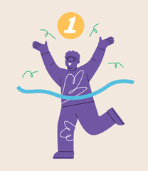 Boy run in race and win first place. Colorful vector illustration