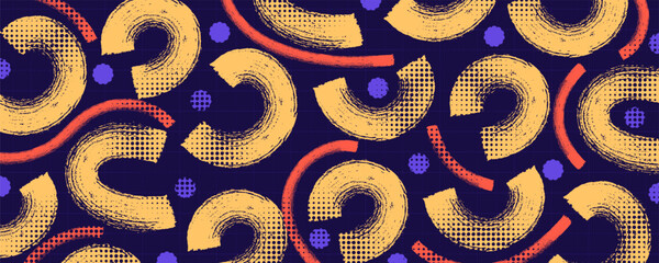 Abstract Pop Art Background with Grunge Half Circle Brush Shapes and Dotted Pattern. Colorful Background Designs Suitable for Posters, Banners, Branding, Wallpapers, and Creative Layouts