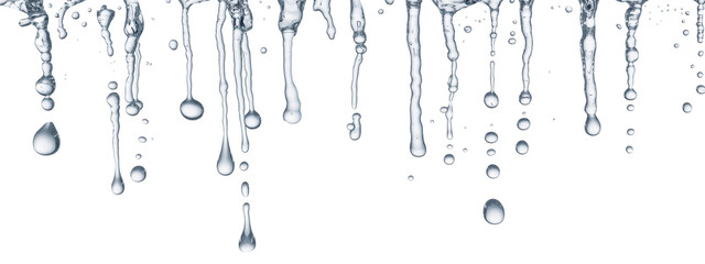 Captivating Water drops and Dripping water showcasing Clear liquid with a sense of Freshness and Purity on a pristine white background.