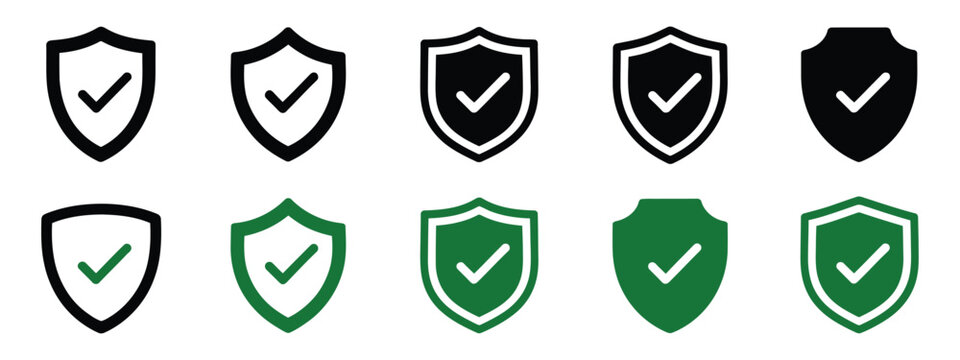 Set of Security Shield Icons featuring shield logotypes with check mark and padlock, isolated on transparent, safety protection sign, secure design, and vector illustration.