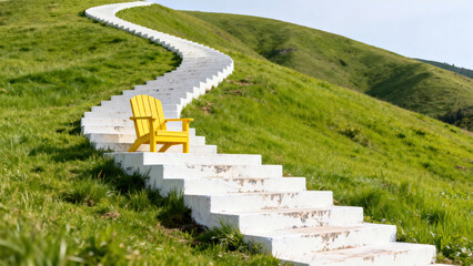 Green Lawn White Staircase & Yellow Chair Minimalist Outdoor Photography