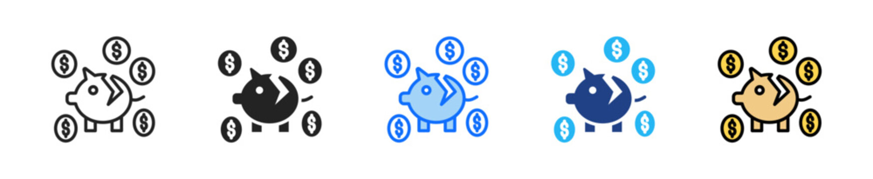 Broken Piggy Bank Icon Set Multiple Style Collection