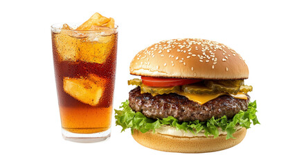 A hamburger and a glass of soda, isolated on a transparent background