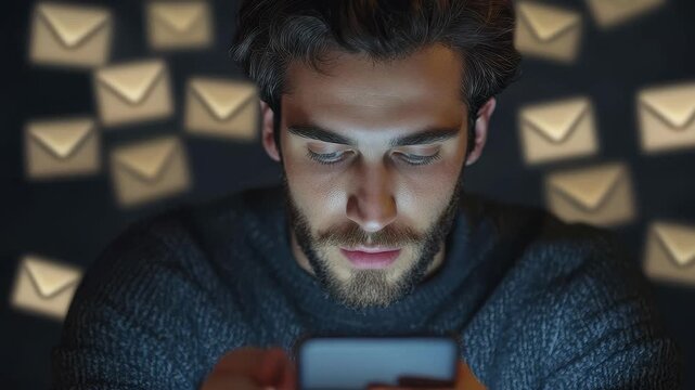 Businessman engaged in checking emails on smartphone in a dimly lit room while surrounded by floating email icons