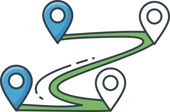 A colorful vector illustration of a winding green road or path connecting four map pins. Features blue and white markers, symbolizing a planned travel route, journey, or multi-stop navigation.