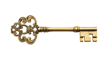 A gold key with a floral design on it, isolated on a transparent background