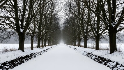 Snowy tree lined path in a serene winter landscape with foggy atmosphere and bare trees