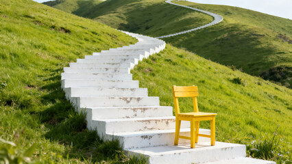 Green Lawn White Staircase & Yellow Chair Minimalist Outdoor Photography